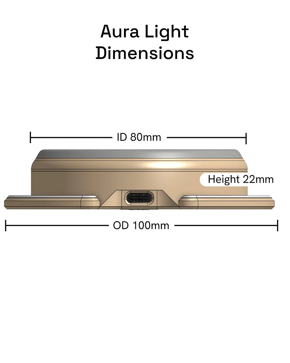 Dimensions diagram of the Aura Light shown in side profile: 100mm outer diameter, 80mm inner diameter, and 22mm tall, with the USB-C charging port on the edge